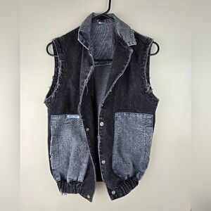 Vintage Joan D'arc Unisex Black And Gray Distress Denim Vest Man Sz S Girl Sz M